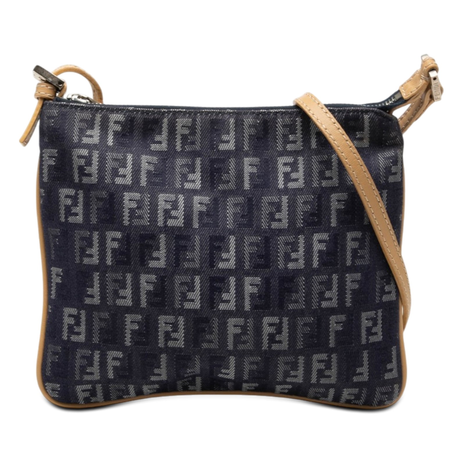 Fendi Zucchino Blue Denim Crossbody Bag with Leather Trim: Fendi Zucchino Blue Denim Crossbody Bag with Leather Trim Fendi Zucchino Denim Crossbody bag in blue, featuring a denim body with leather trim, a flat leather strap, a top zip closure, and an interior