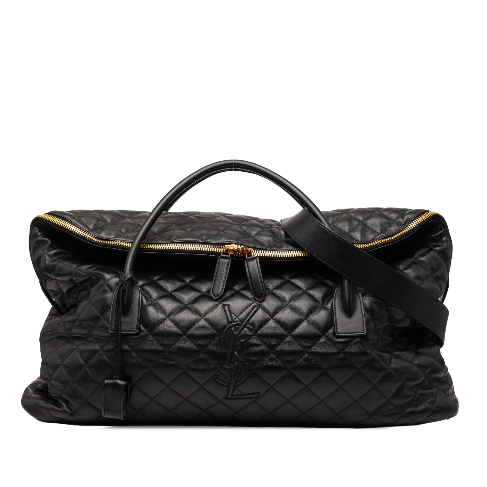Saint Laurent ES Giant quilted calfskin leather travel bag: Saint Laurent ES Giant quilted calfskin leather travel bag Saint Laurent Quilted Calfskin ES Giant Travel Bag in black leather. This travel bag features a quilted leather body, rolled handles, a detac