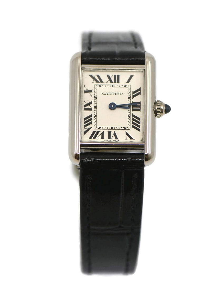 Cartier Tank Louis Women Quartz White Gold Leather Strap Watch W1541056: Cartier Tank Louis Women Quartz White Gold Leather Strap Watch W1541056 This Cartier Tank Louis wristwatch features a classic 18K white gold case measuring 22 x 29 mm and a white analog dial. The watc