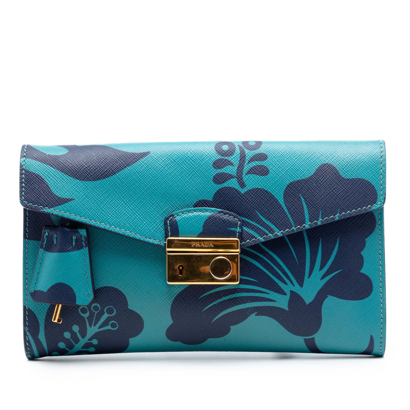 Prada Sound Lock Clutch Saffiano Leather Hibiscus Print Blue: Prada Sound Lock Clutch Saffiano Leather Hibiscus Print Blue Prada Saffiano Hibiscus Print Sound Lock Clutch in blue, made in Italy. This clutch features a printed saffiano leather body, a flap with p