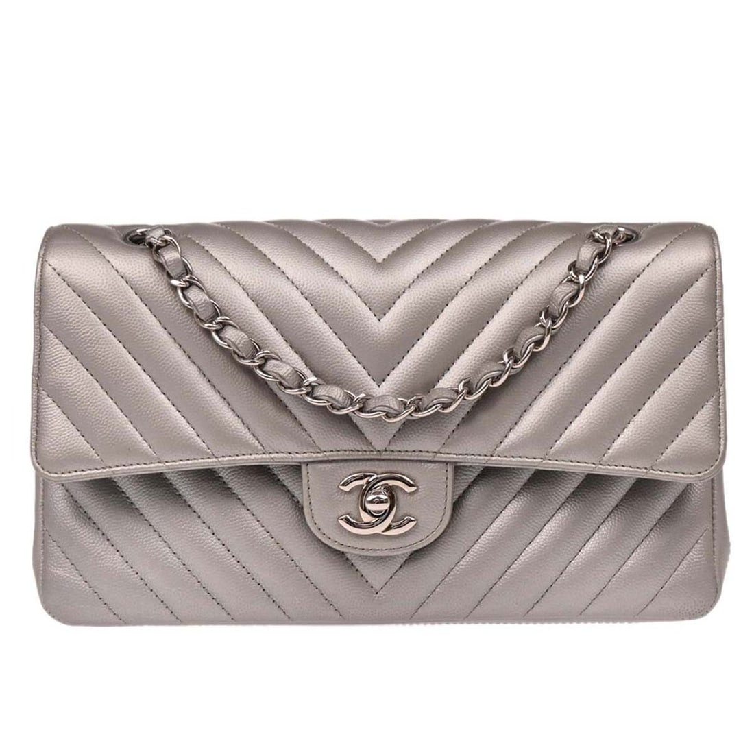 CHANEL Classic Double Flap Medium Shoulder Bag Silver Caviar Leather: CHANEL Classic Double Flap Medium Shoulder Bag Silver Caviar Leather Chanel Medium Classic Double Flap shoulder bag in silver caviar skin leather. This women's shoulder bag features a turn-lock closur