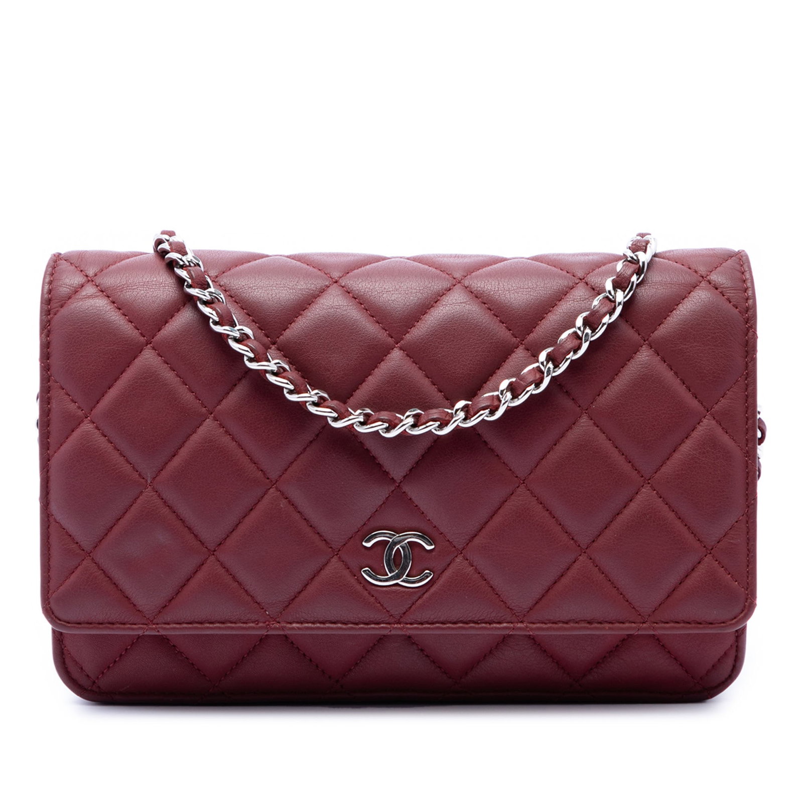 Chanel red quilted lambskin chain wallet with CC flap: Chanel red quilted lambskin chain wallet with CC flap This Chanel CC Quilted Lambskin Wallet on Chain features a luxurious quilted lambskin leather exterior in red, complemented by a leather-woven cha