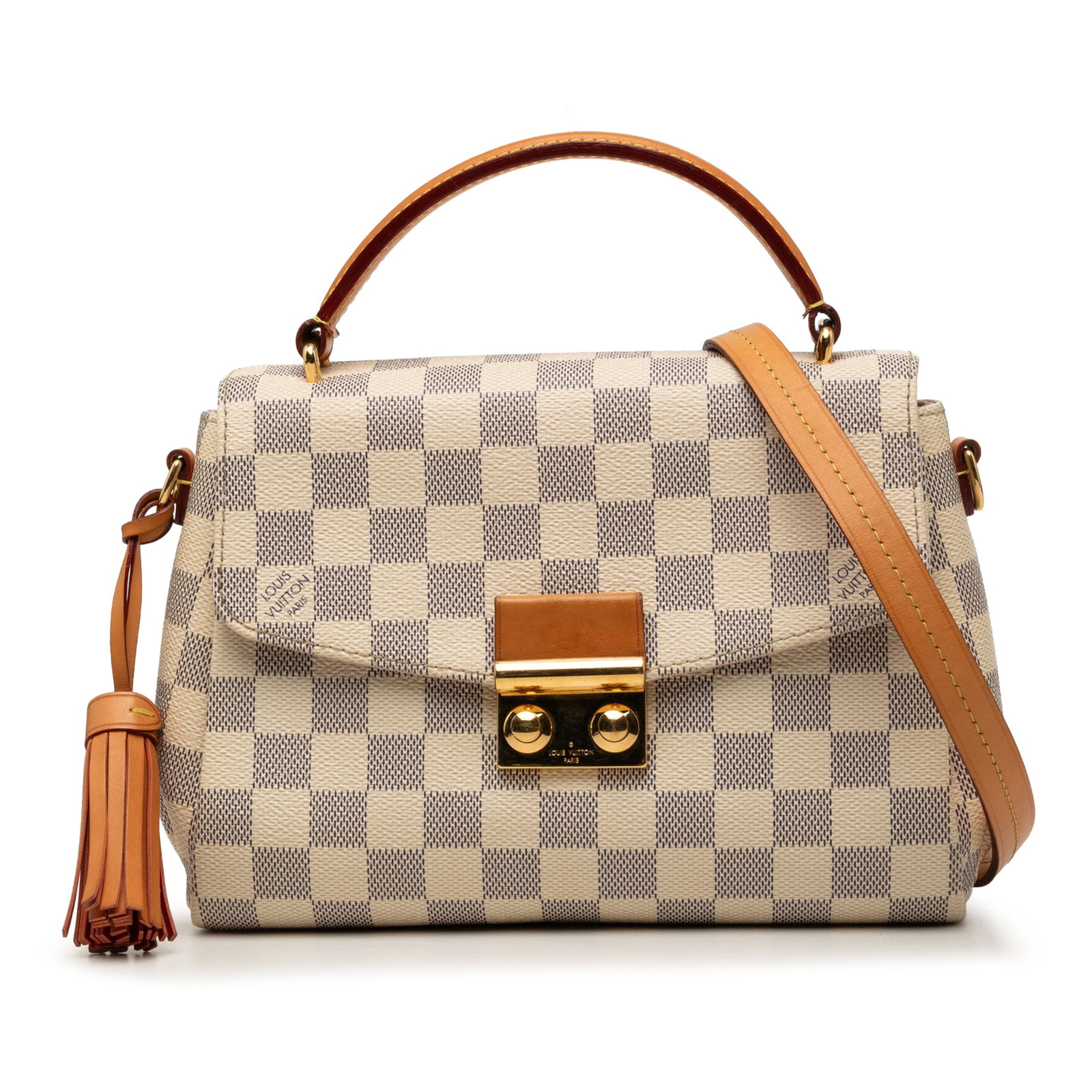 Louis Vuitton Croisette Shoulder Bag in Damier Azur Canvas: Louis Vuitton Croisette Shoulder Bag in Damier Azur Canvas Louis Vuitton Damier Azur Croisette bag in white damier canvas with vachetta leather trim. It features a leather tassel detail, a flat vachet