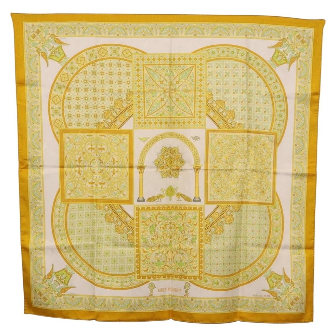 Hermes Ciels Byzantins Silk Carre 90 Scarf Yellow France: Hermes Ciels Byzantins Silk Carre 90 Scarf Yellow France Hermes Carre 90 scarf in yellow silk, titled "Ciels Byzantins." This square scarf measures approximately 90 cm by 90 cm and is made in France. 