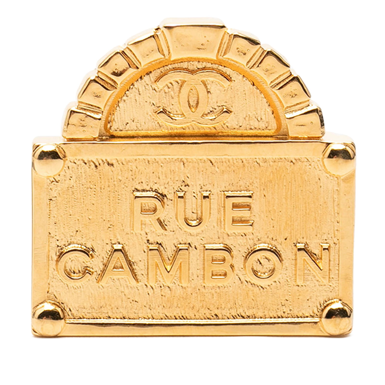 Chanel Rue Cambon CC Dome Brooch Gold Plated Metal: Chanel Rue Cambon CC Dome Brooch Gold Plated Metal Chanel CC Rue Cambon dome brooch in gold plated metal with a back pin closure. This costume jewelry piece includes the dust bag and box. Condition is
