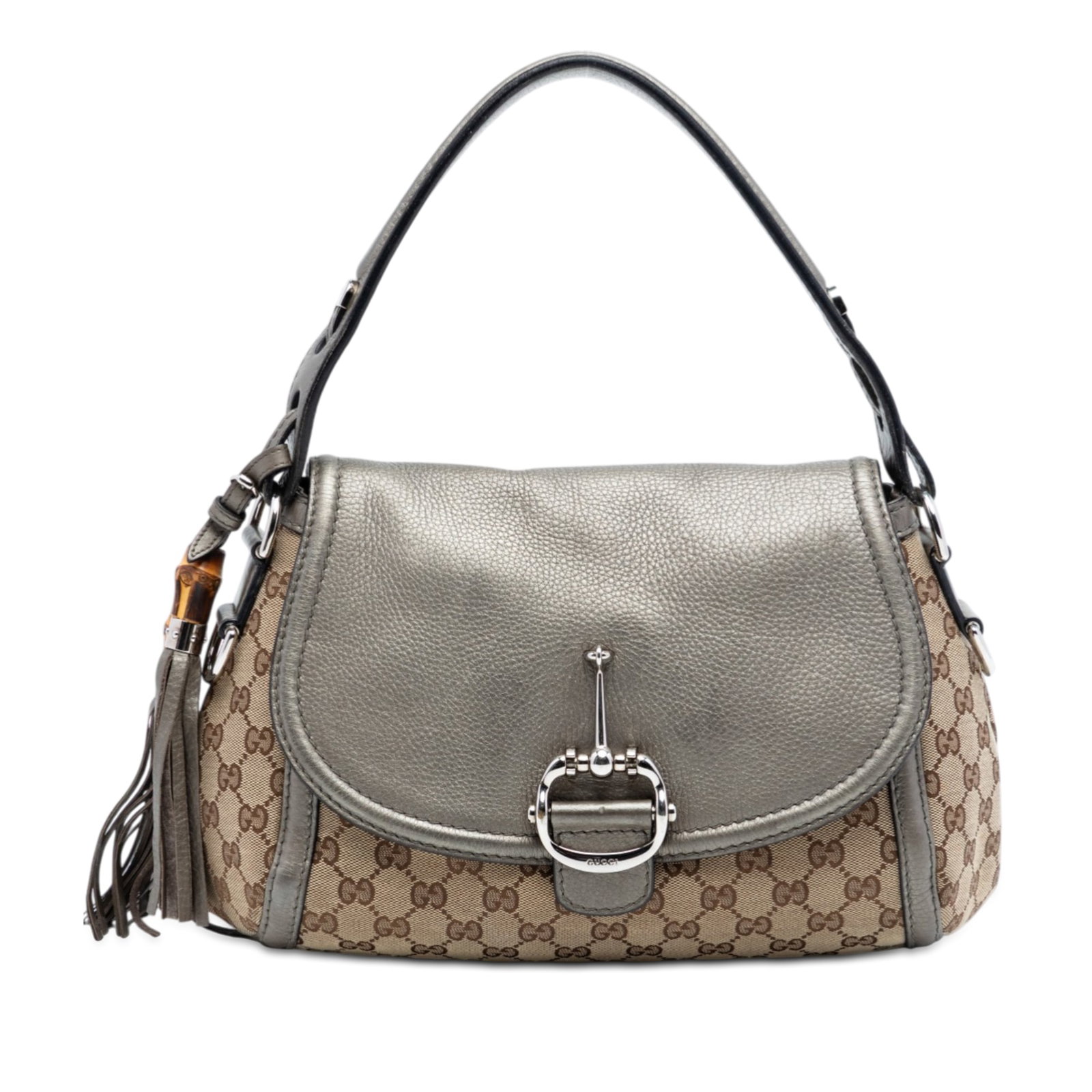 Gucci GG Canvas Horsebit Satchel with Leather Trim and Bamboo Tassel: Gucci GG Canvas Horsebit Satchel with Leather Trim and Bamboo Tassel This medium satchel features a beige canvas body with leather trim and bamboo tassel detail. It has flat leather handles, a detacha