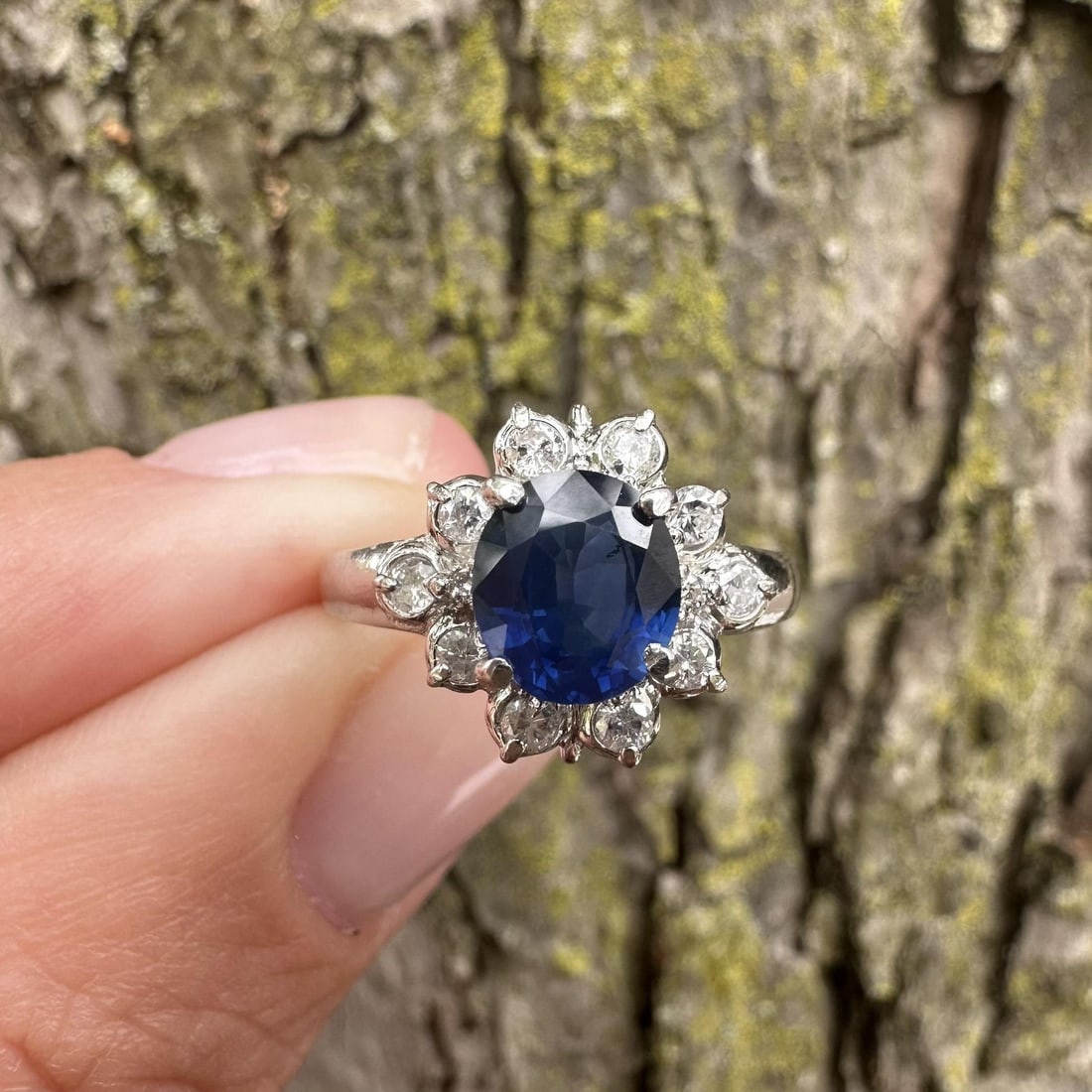 Platinum Cocktail Ring with 1.7ctw Blue Oval Sapphire Diamond Flower Cluster (1 of 11)
