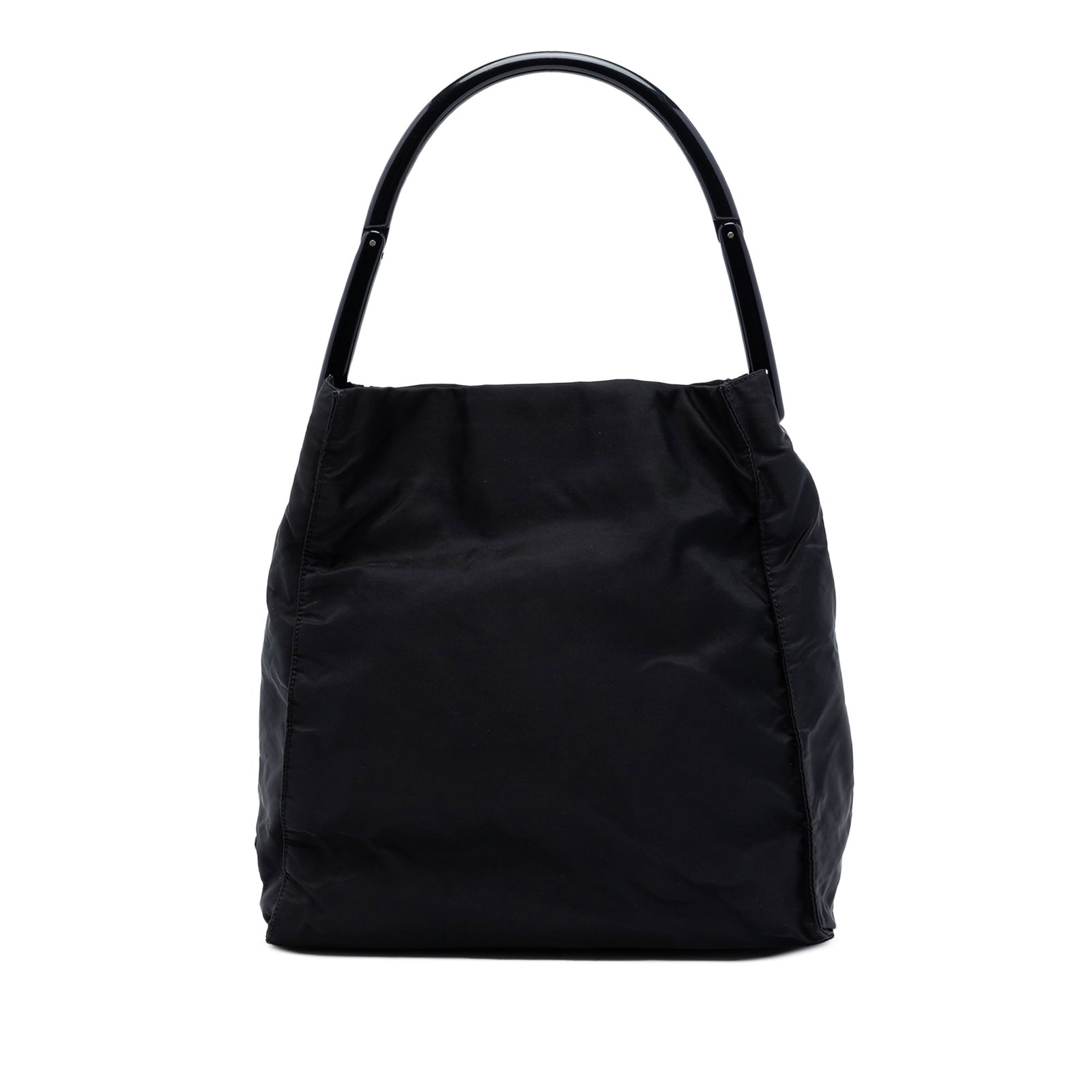 Prada black nylon tote with acrylic handle: Prada black nylon tote with acrylic handle This Prada Tessuto Tote is crafted from durable black nylon fabric and features rolled acrylic handles for a modern touch. The bag has an open top design and