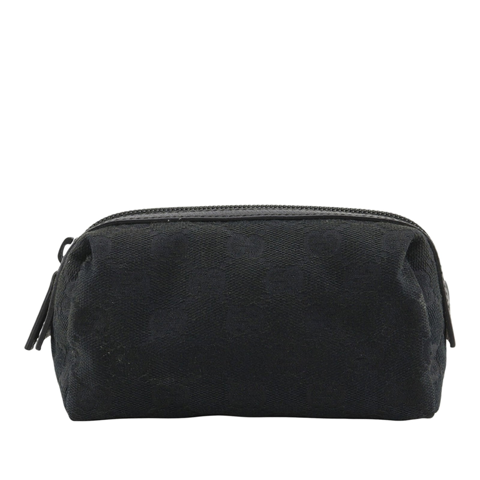 Gucci GG Canvas Zip Pouch Black Fabric Leather Trim: Gucci GG Canvas Zip Pouch Black Fabric Leather Trim Gucci GG Canvas Pouch in black, made with a canvas body and leather trim, featuring a top zip closure. Originating from Italy, this SLG pouch has a 