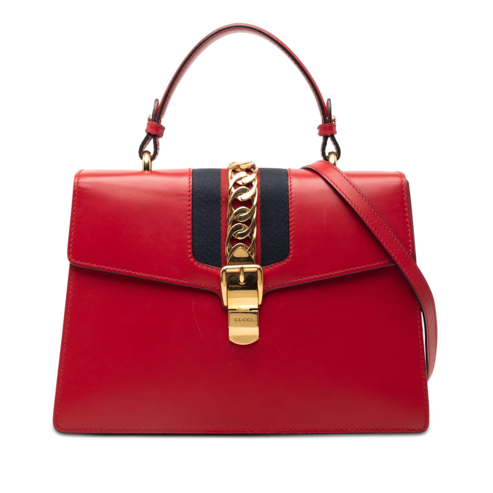 Gucci Sylvie medium red leather top handle satchel with web trim (1 of 7)