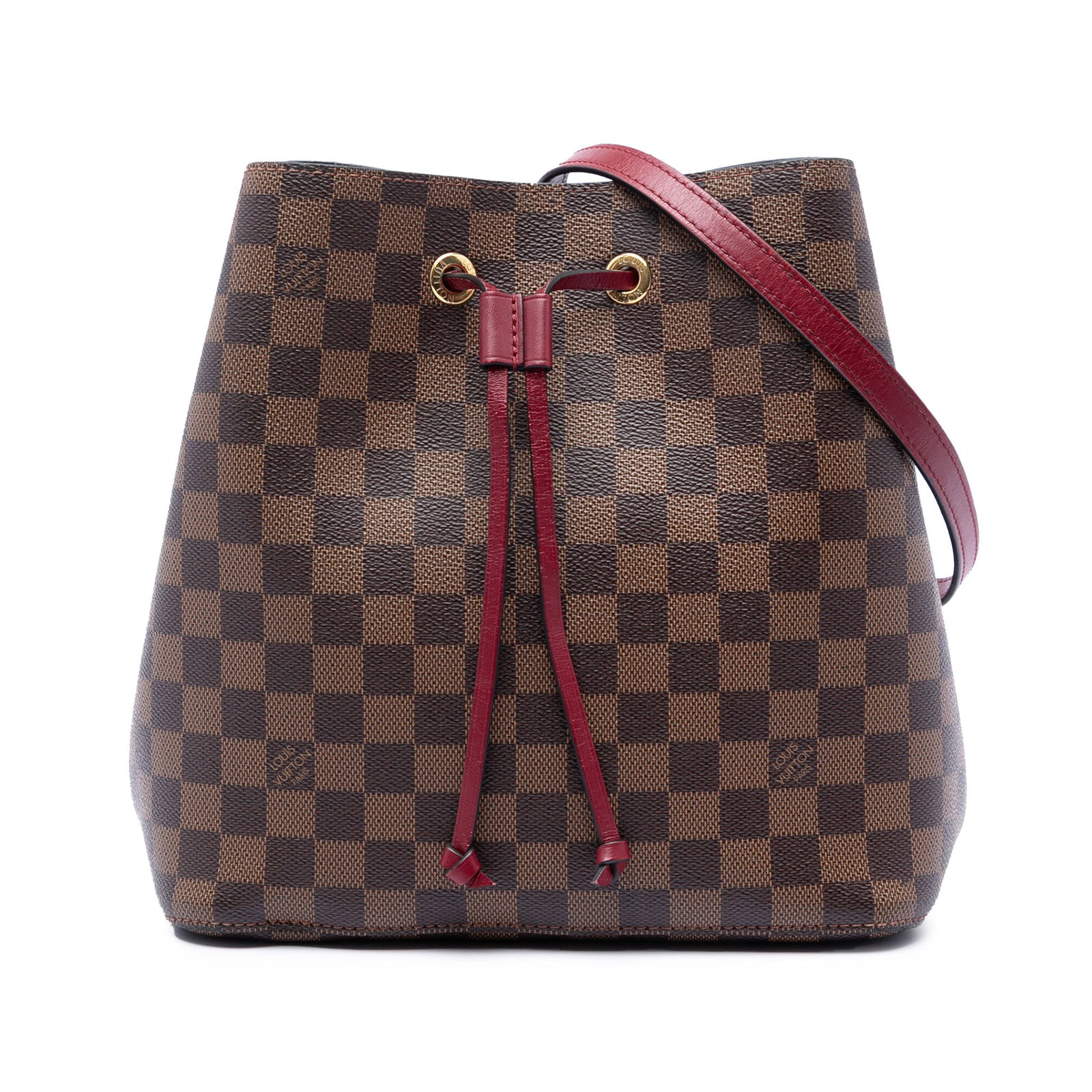 Louis Vuitton Neonoe MM Damier Ebene Brown Bag: Louis Vuitton Neonoe MM Damier Ebene Brown Bag This Louis Vuitton Damier Ebene Neonoe MM features a brown Damier Ebene canvas body with a detachable flat leather strap, a top drawstring closure, and a