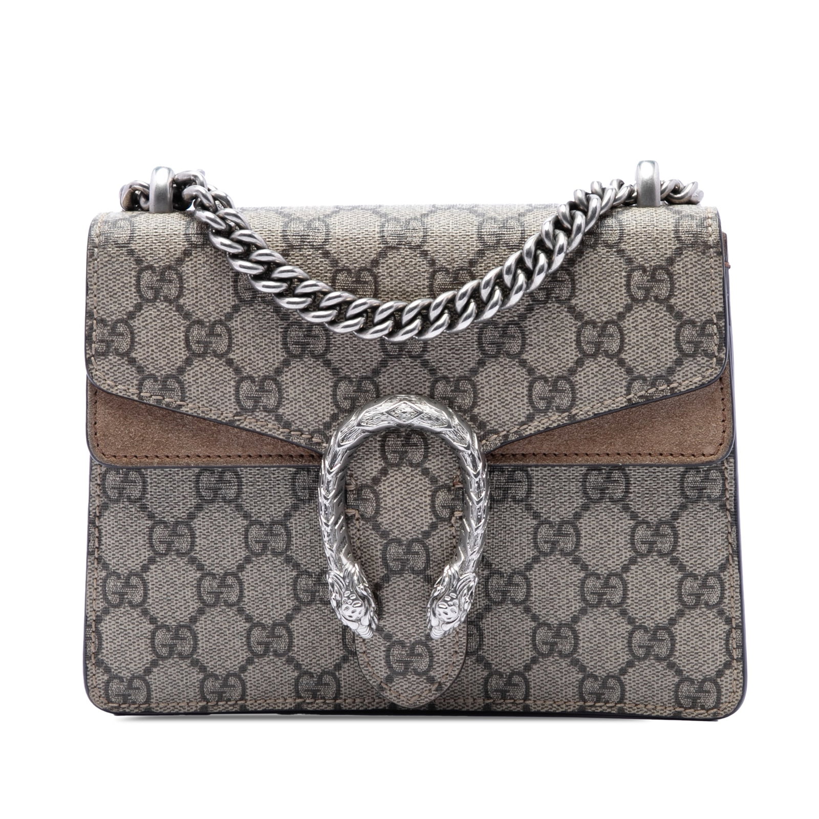 Gucci Dionysus Small GG Supreme Crossbody Bag Beige: Gucci Dionysus Small GG Supreme Crossbody Bag Beige This Gucci Small GG Supreme Dionysus crossbody bag is crafted with a coated canvas body and suede leather trim. It features a sliding curb chain lin