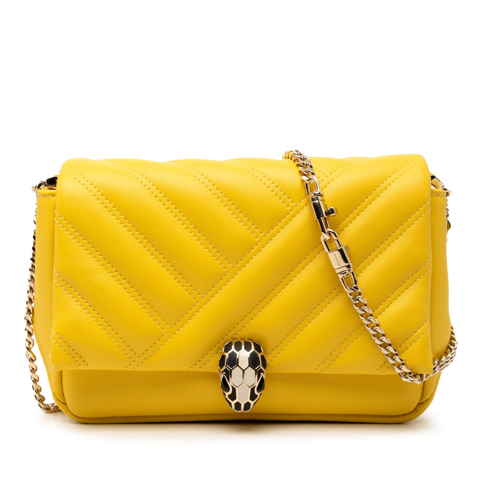 Bvlgari Serpenti Cabochon Leather Chain Crossbody Bag: Bvlgari Serpenti Cabochon Leather Chain Crossbody Bag This Bvlgari Serpenti Cabochon Chain Crossbody features a yellow leather body with a distinctive flap secured by a snap button closure. The design