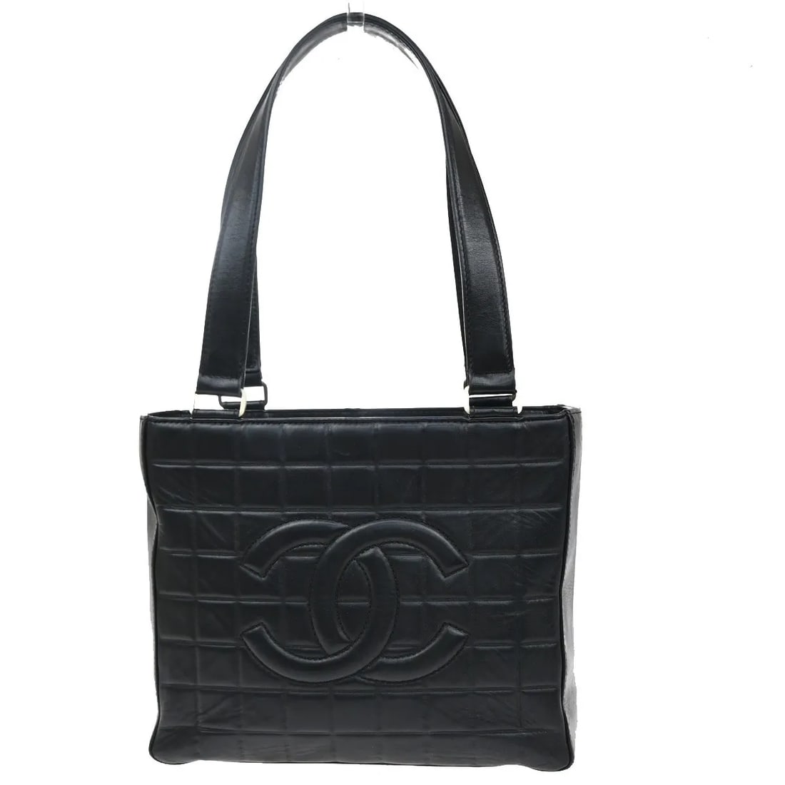 Chanel Chocolate Bar CC Tote Bag Black Leather: Chanel Chocolate Bar CC Tote Bag Black Leather Chanel Chocolate Bar CC Tote in black leather. This tote shows fair overall condition with visible wear, including recoloring to the exterior leather, sc