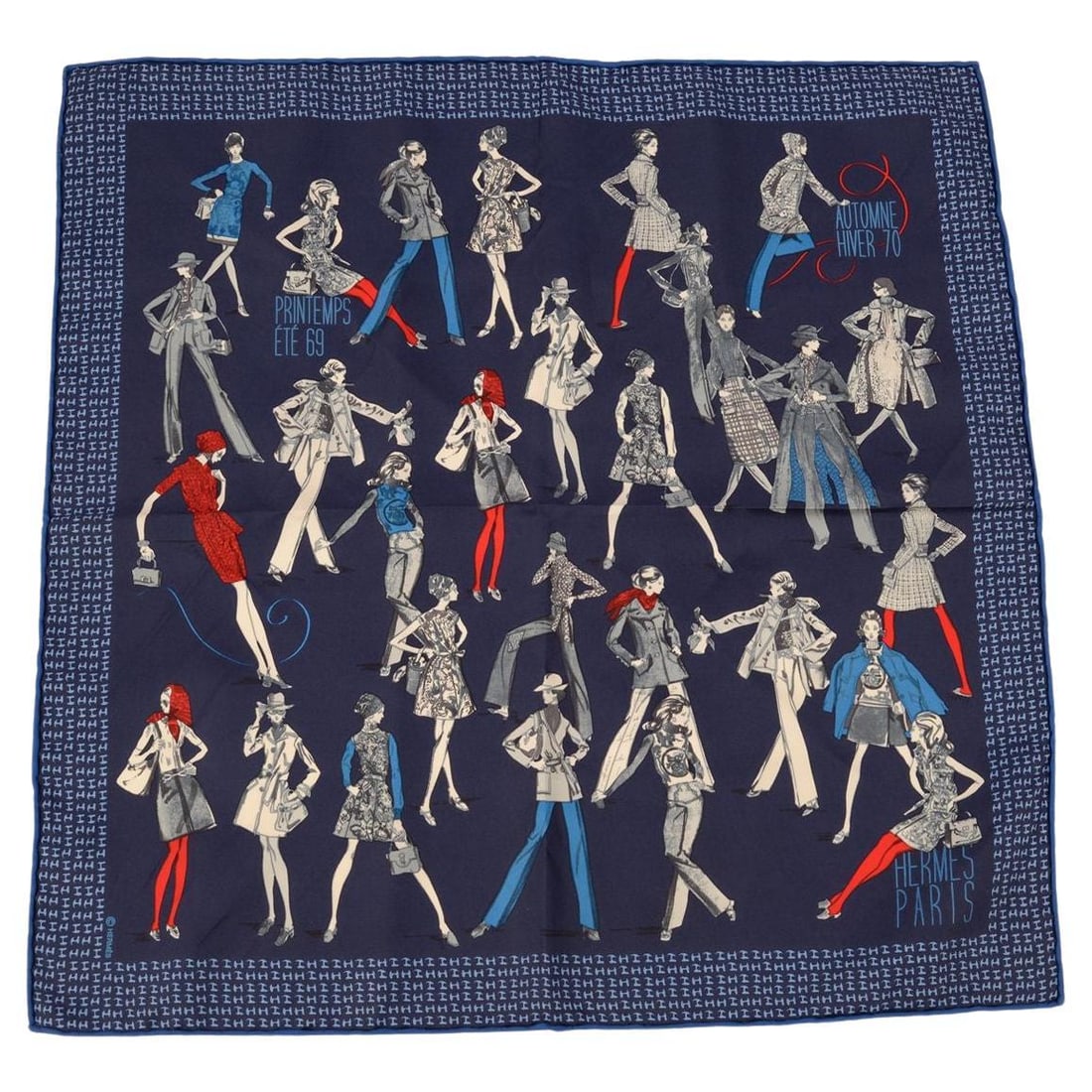 Hermes Printemps Ete 69 Automne blue silk scarf with box: Hermes Printemps Ete 69 Automne blue silk scarf with box Hermes "Printemps Ete 69 Automne" small scarf crafted from 100% silk in blue, featuring the Printemps Ete 69 Automne Hiver motif. The scarf is 