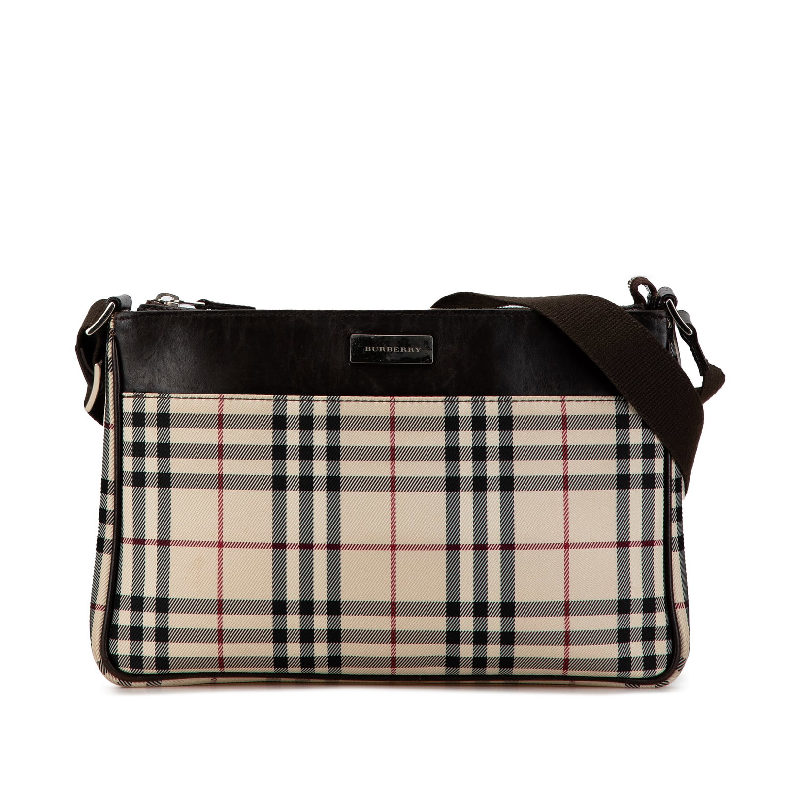 Burberry House Check Canvas Crossbody Bag with Leather Trim: Burberry House Check Canvas Crossbody Bag with Leather Trim This Burberry House Check Canvas Crossbody bag showcases a stylish house check canvas body complemented by leather trim. It features an adju