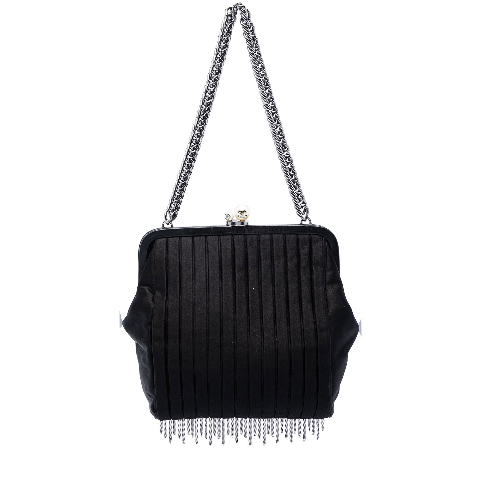 Chanel Pearl Chain Fringe Shoulder Bag in Pleated Black Satin (1 of 6)