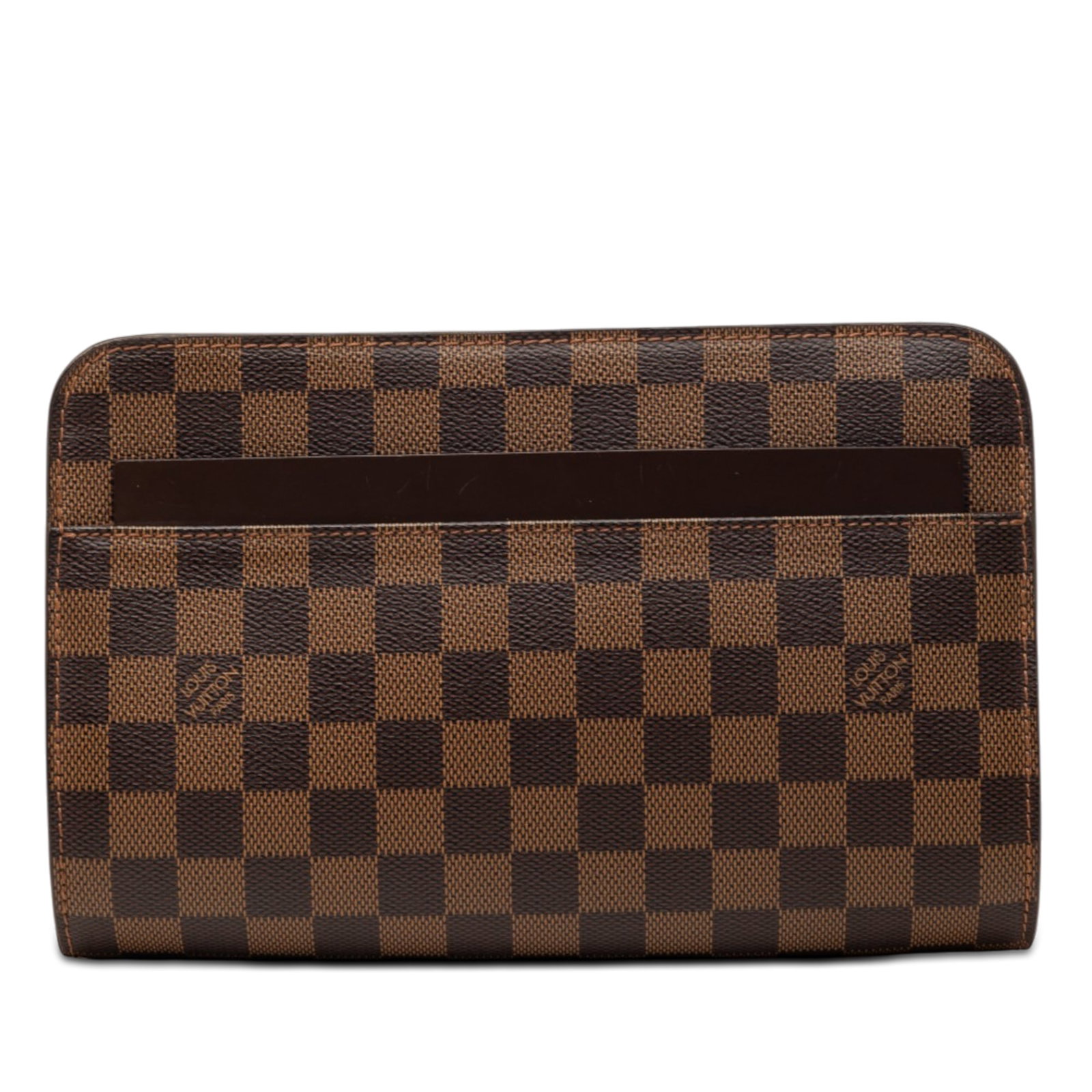 Louis Vuitton Damier Ebene pouch with leather trim: Louis Vuitton Damier Ebene pouch with leather trim This Louis Vuitton Damier Ebene Saint Louis Pochette features a signature damier canvas body accented with leather trim. The bag offers both an exter
