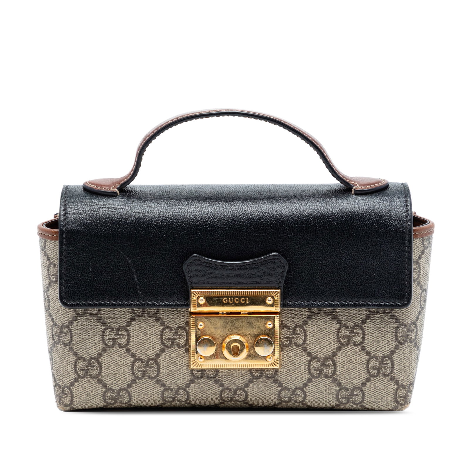 Gucci Mini GG Supreme Padlock satchel bag beige coated canvas: Gucci Mini GG Supreme Padlock satchel bag beige coated canvas This Gucci Mini GG Supreme Padlock Satchel features a coated canvas body accented with leather trim, a flat leather top handle, a front fl