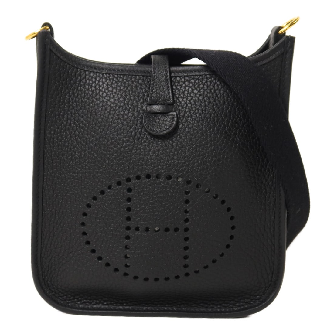 Hermes Evelyne TPM Taurillon Clemence Shoulder Bag Noir GHW: Hermes Evelyne TPM Taurillon Clemence Shoulder Bag Noir GHW Hermes Evelyne TPM shoulder bag in Noir black, crafted from Taurillon Clemence leather with calfskin trim. It features a hook button closure