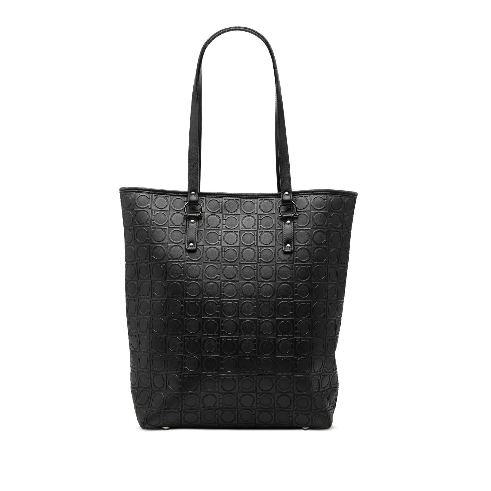 Ferragamo Gancini black leather tote bag from Italy: Ferragamo Gancini black leather tote bag from Italy Ferragamo Gancini Embossed Leather Tote in black leather, made in Italy. This tote features an embossed leather body, flat leather straps, an open t