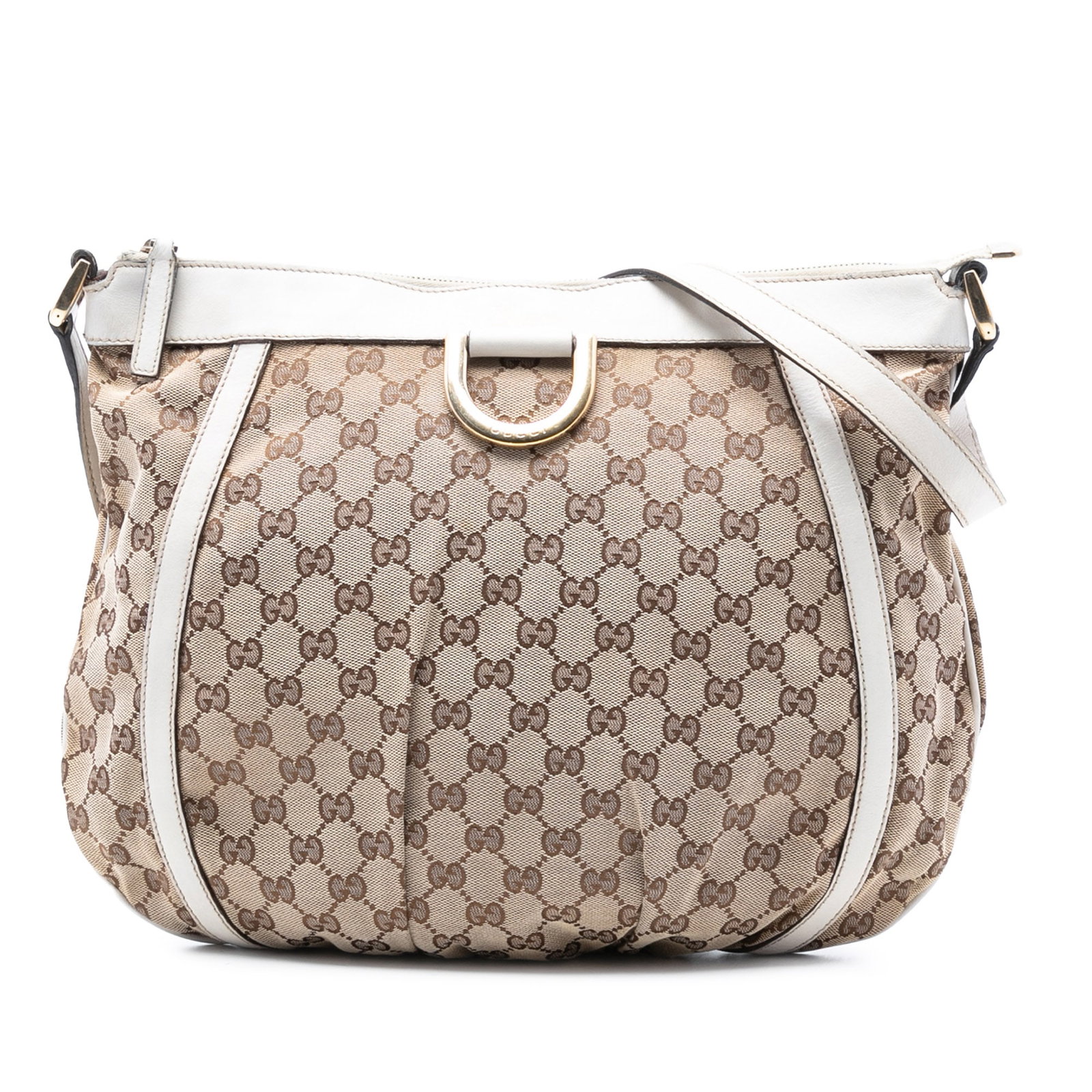 Gucci Abbey D Ring GG Canvas Brown Crossbody Bag with Leather Trim: Gucci Abbey D Ring GG Canvas Brown Crossbody Bag with Leather Trim This Gucci GG Canvas Abbey D Ring Crossbody bag features a durable canvas body with leather trim, a flat leather strap, a top zip clo