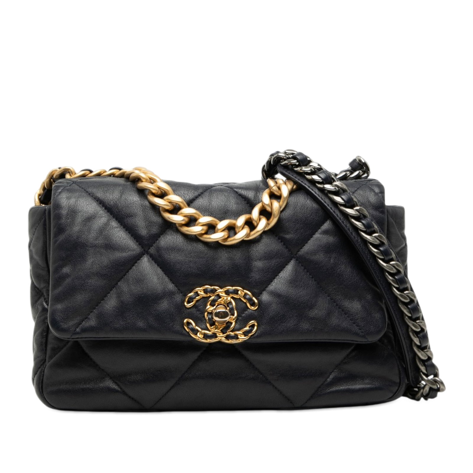Chanel 19 Medium Flap Shoulder Bag Blue Lambskin: Chanel 19 Medium Flap Shoulder Bag Blue Lambskin Medium Chanel 19 Flap bag in blue quilted lambskin leather with a flap front and CC twist lock closure. The bag features a gold-tone chain handle, a le