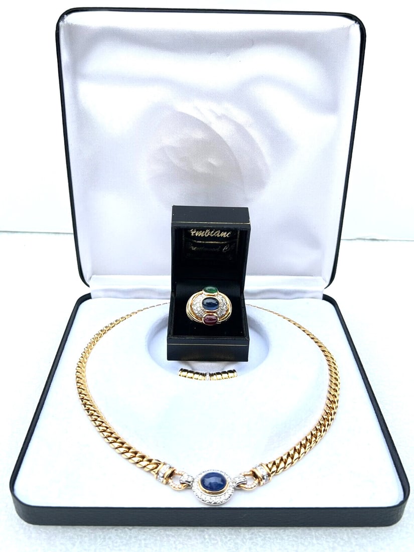 French 18K Gold Convertible Necklace Ring Set with Diamonds Sapphires Rubies Emeralds: French 18K Gold Convertible Necklace Ring Set with Diamonds Sapphires Rubies Emeralds This exquisite French convertible necklace and ring set is crafted from 18K yellow gold and features a stunning ar