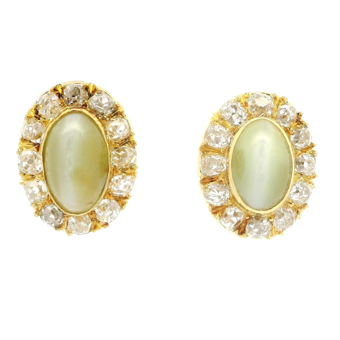 Antique Gold GIA Certified Chrysoberyl Cat's Eye Stud Earrings with Diamonds: Antique Gold GIA Certified Chrysoberyl Cat's Eye Stud Earrings with Diamonds These exquisite Antique Gold GIA Chrysoberyl Cat's Eyes Old Mine Cut Halo Oval Stud Earrings exude timeless elegance. Featu