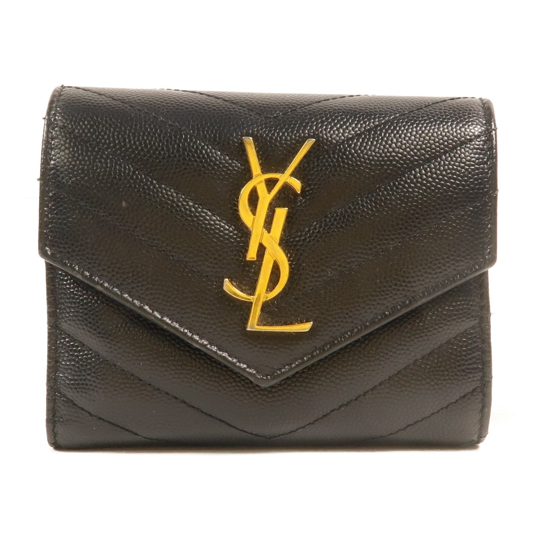 Saint Laurent Cassandre Matelasse Compact Wallet Black Calfskin Leather: Saint Laurent Cassandre Matelasse Compact Wallet Black Calfskin Leather Compact Saint Laurent Cassandre Matelasse wallet in black calfskin leather with gold-tone hardware. It features a hook button cl