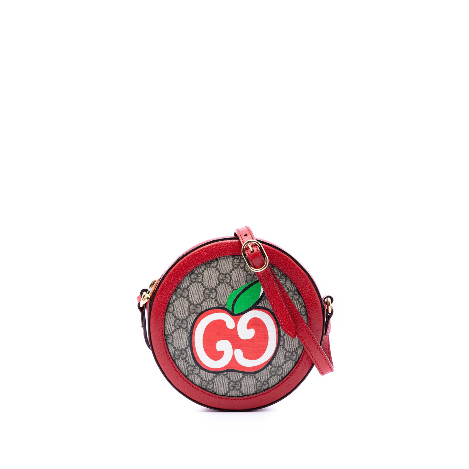 Gucci GG Supreme Apple Round Beige Crossbody Bag: Gucci GG Supreme Apple Round Beige Crossbody Bag This Gucci GG Supreme Apple Round Crossbody bag features a printed coated canvas body with leather trim, an adjustable flat leather strap, and a top zi
