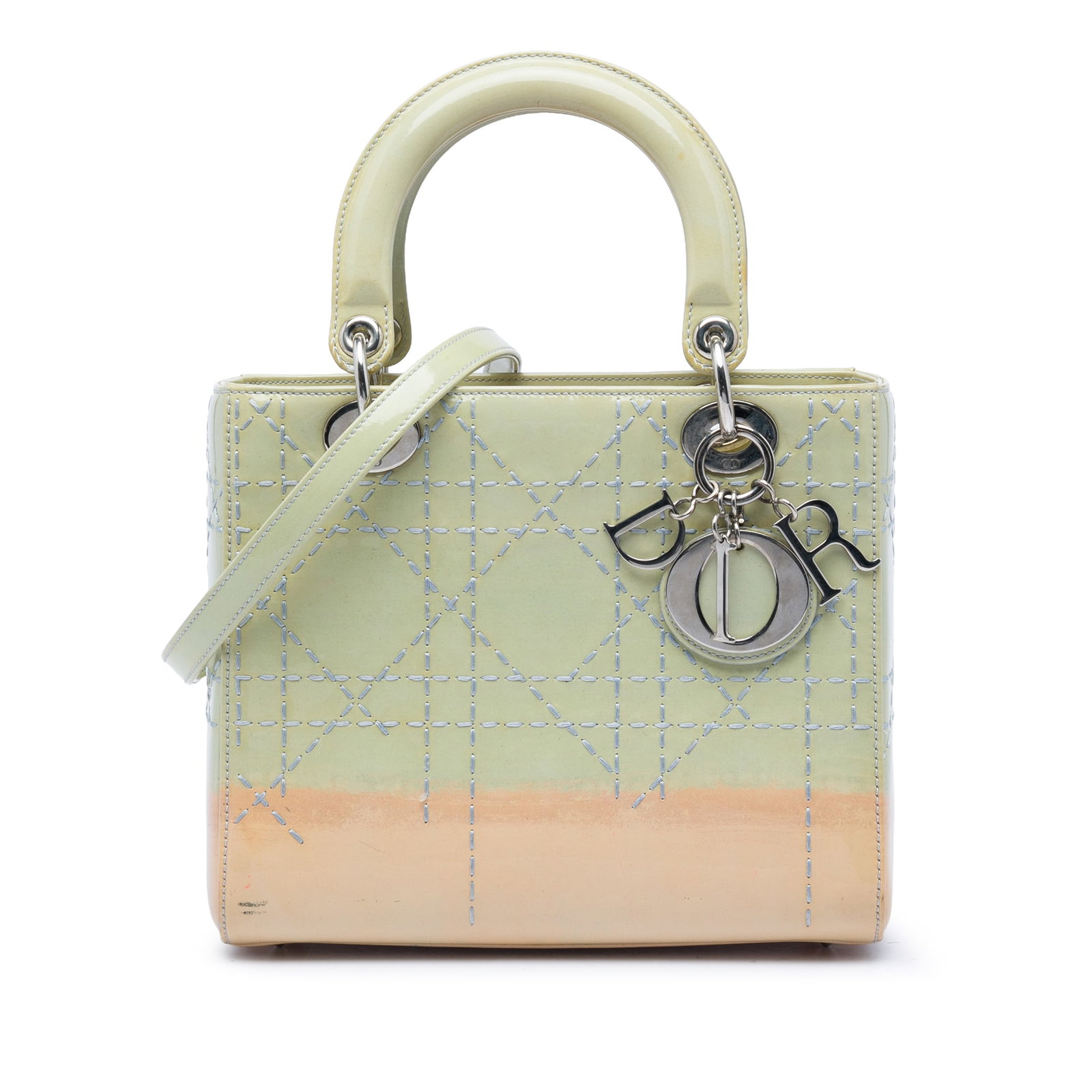 Dior Lady Dior Medium Ombre Cannage Patent Leather Bag: Dior Lady Dior Medium Ombre Cannage Patent Leather Bag Medium Ombre Patent Cannage Lady Dior bag in green, made in Italy. It features a quilted patent leather body, flat leather top handles, a detacha