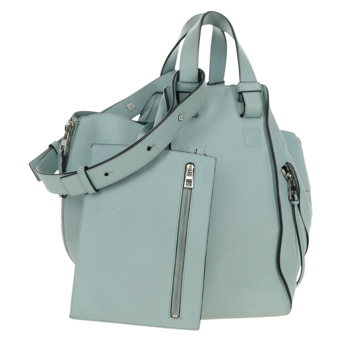 LOEWE Hammock Medium Leather 2way Handbag Light Blue Silver Strap Pouch: LOEWE Hammock Medium Leather 2way Handbag Light Blue Silver Strap Pouch LOEWE Hammock Medium handbag in leather with a light blue and silver color combination. This 2-way style includes a shoulder str