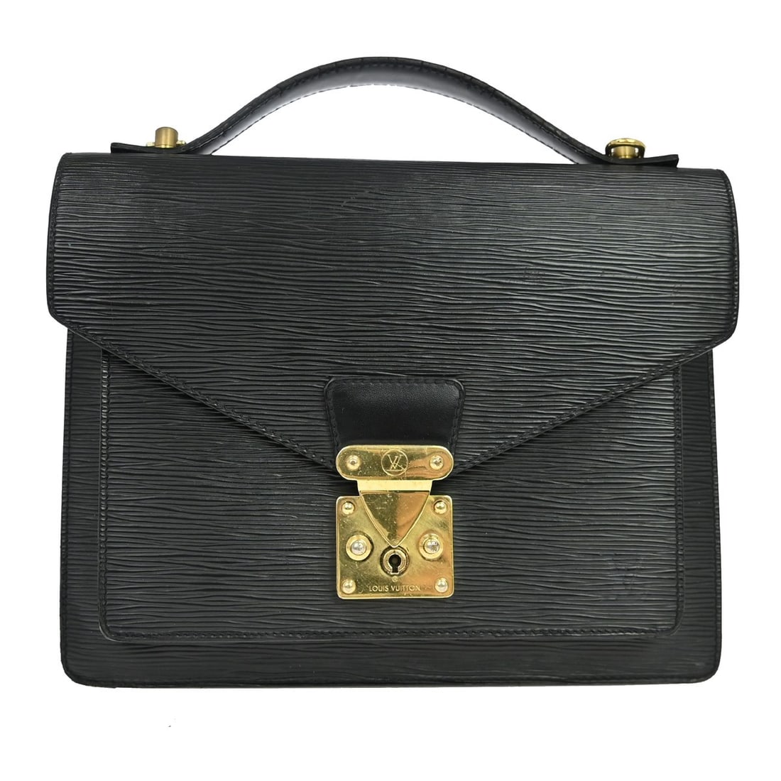 Louis Vuitton Monceau 28 Epi Leather Satchel Black M52122: Louis Vuitton Monceau 28 Epi Leather Satchel Black M52122 Vintage Louis Vuitton Monceau 28 satchel in black Epi leather with a flap lock closure, double handles, and logo accent. This medium 2-way han
