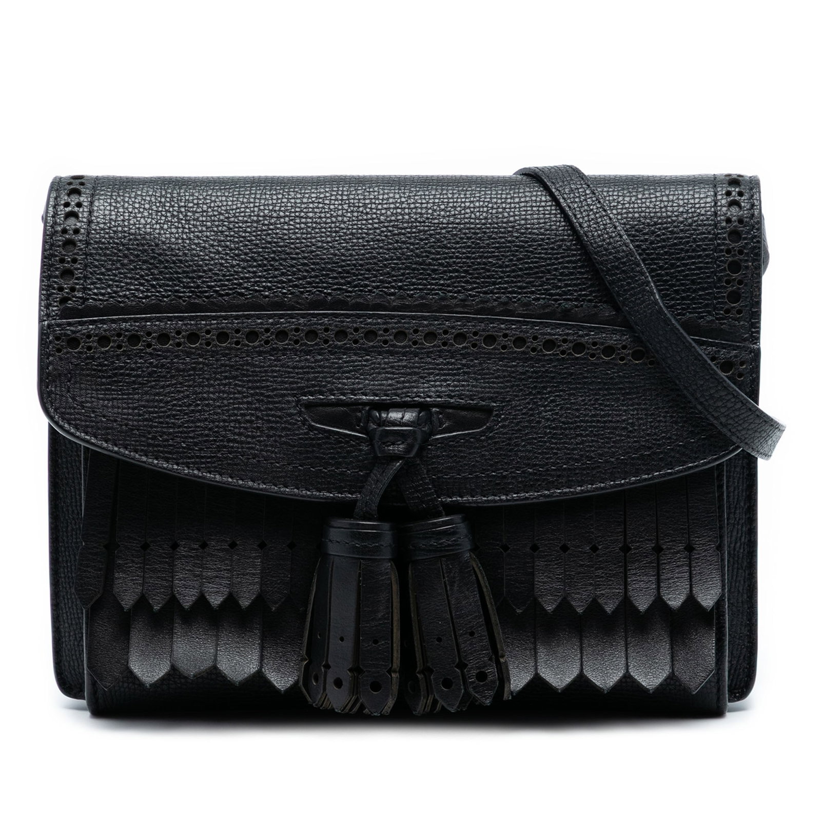 Burberry Macken Black Leather Crossbody with Tassel and Fringe Detail: Burberry Macken Black Leather Crossbody with Tassel and Fringe Detail This Burberry Small Grainy Calfskin Broguing Tassel Macken Crossbody bag showcases a leather body with fringe and tassel accents. 