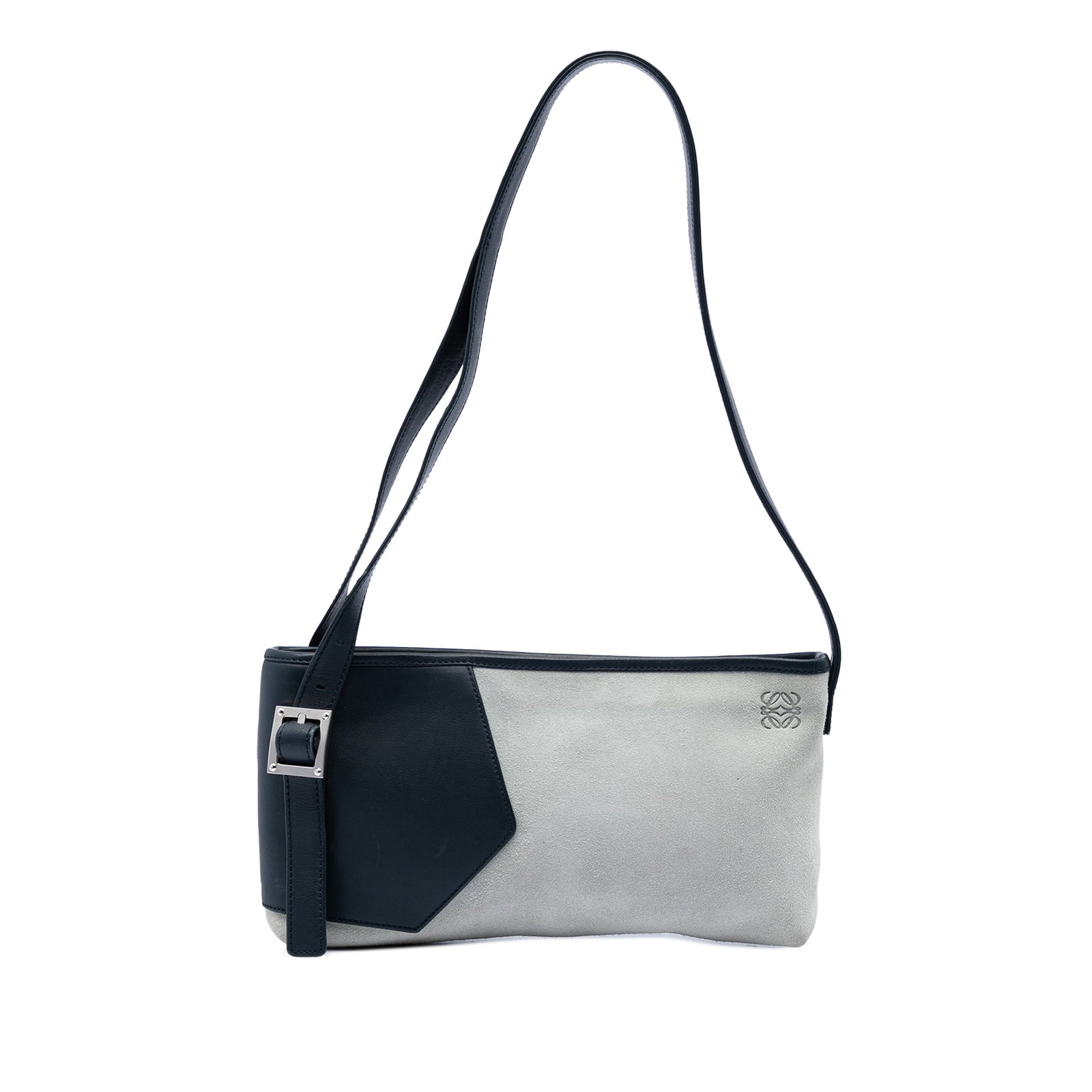 LOEWE Anagram Shoulder Bag in Gray Suede and Leather: LOEWE Anagram Shoulder Bag in Gray Suede and Leather A LOEWE shoulder bag crafted with a suede body and leather trim. It features a flat leather shoulder strap, a top zip closure, and an interior zip 