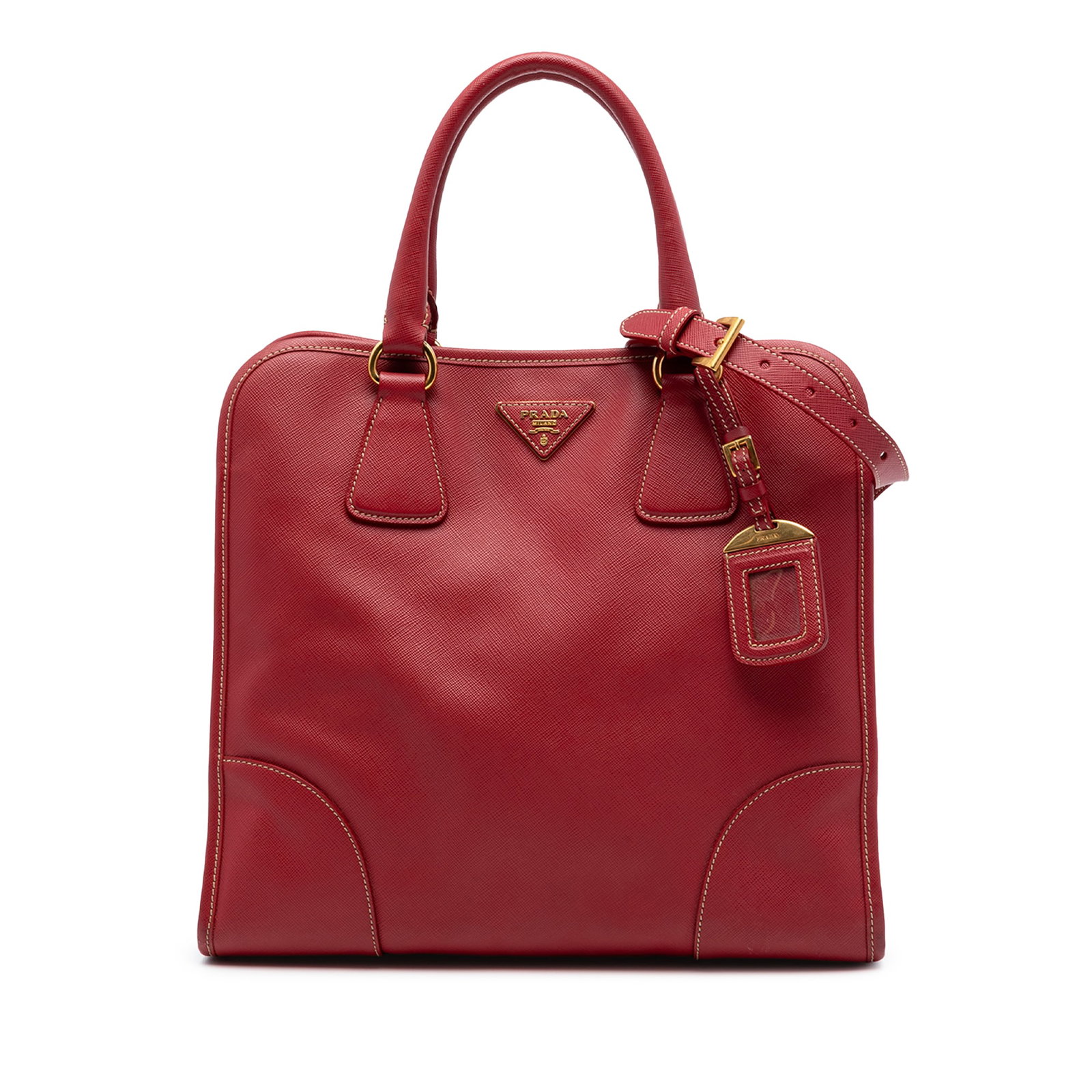 Prada Saffiano Lux Leather Satchel Tote with Detachable Strap: Prada Saffiano Lux Leather Satchel Tote with Detachable Strap Prada Saffiano Lux Shopping Tote in red saffiano leather with rolled leather handles, a detachable flat leather strap, and an open top wit