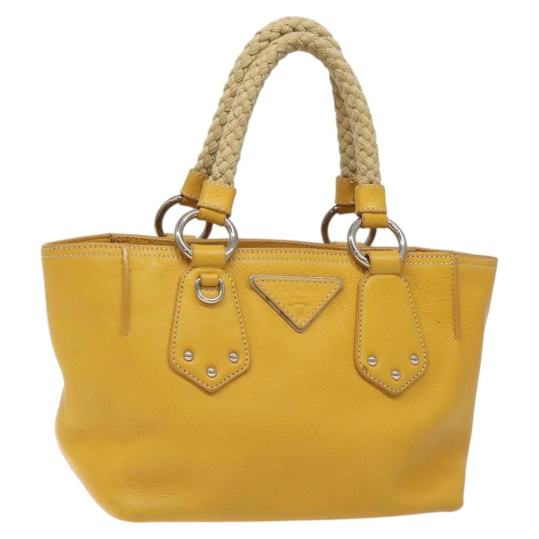 PRADA Yellow Leather Hand Bag Silver Tone Womens: PRADA Yellow Leather Hand Bag Silver Tone Womens Prada women's leather handbag in yellow and silver, made in Italy. This handbag shows reasonable wear and tear consistent with a Rank B condition, incl