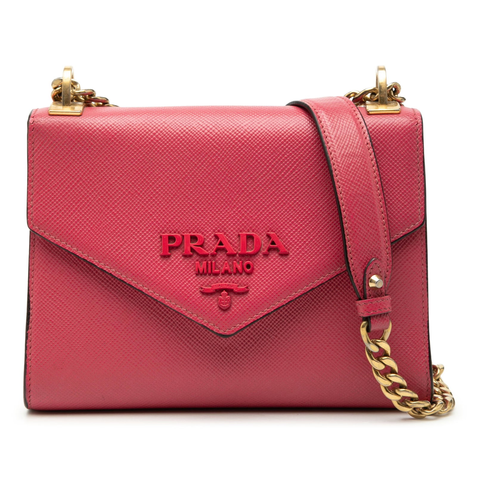 Prada Pink Saffiano Cuir Envelope Crossbody Bag: Prada Pink Saffiano Cuir Envelope Crossbody Bag This Prada Saffiano Cuir Monochrome Envelope Crossbody bag showcases a pink saffiano leather exterior and a chain link strap with a leather guard for co
