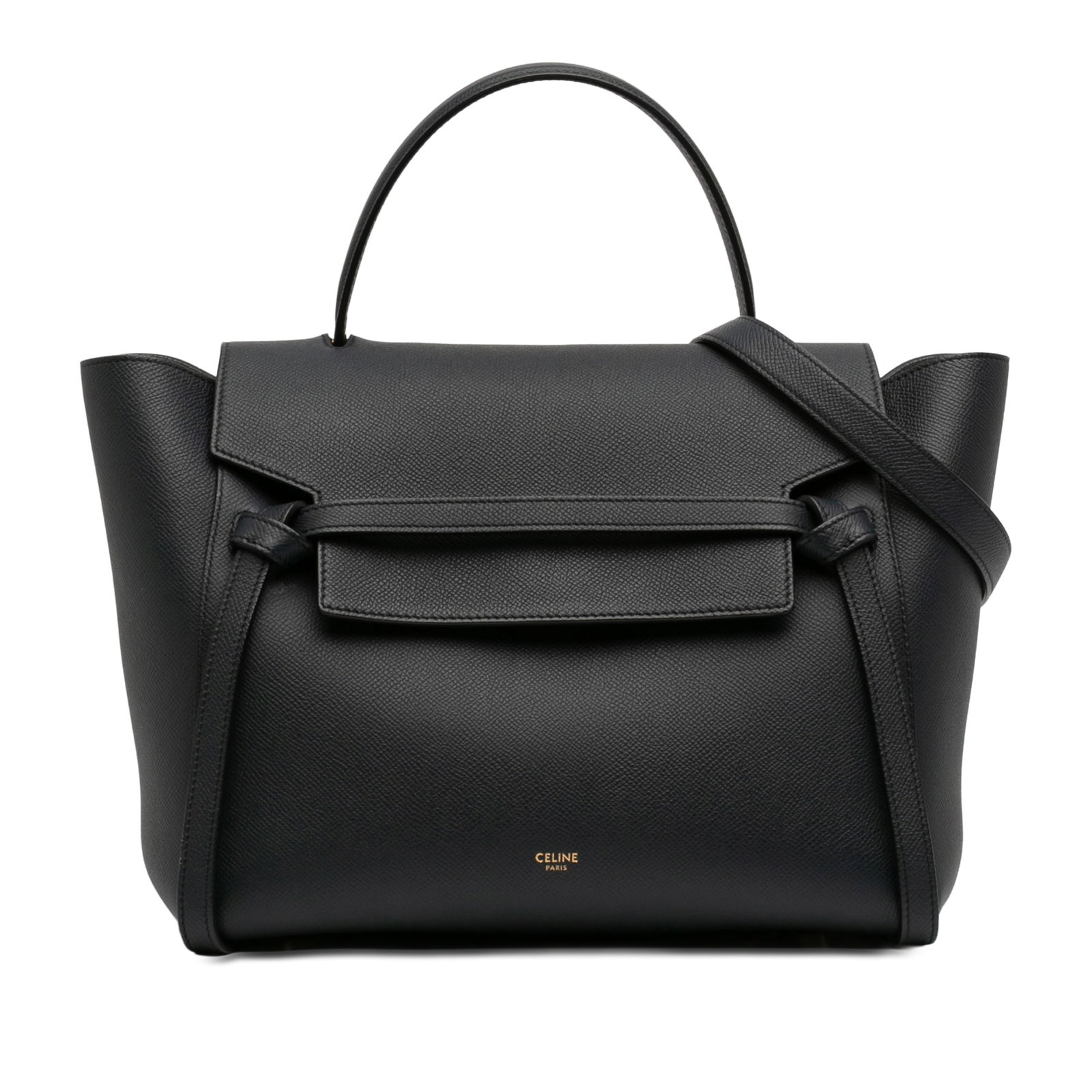 Celine Belt Bag Mini grained calfskin leather handbag black: Celine Belt Bag Mini grained calfskin leather handbag black Celine Mini Grained Calfskin Belt Bag in black leather, made in Italy. It features a leather body, flat leather handle, detachable leather s