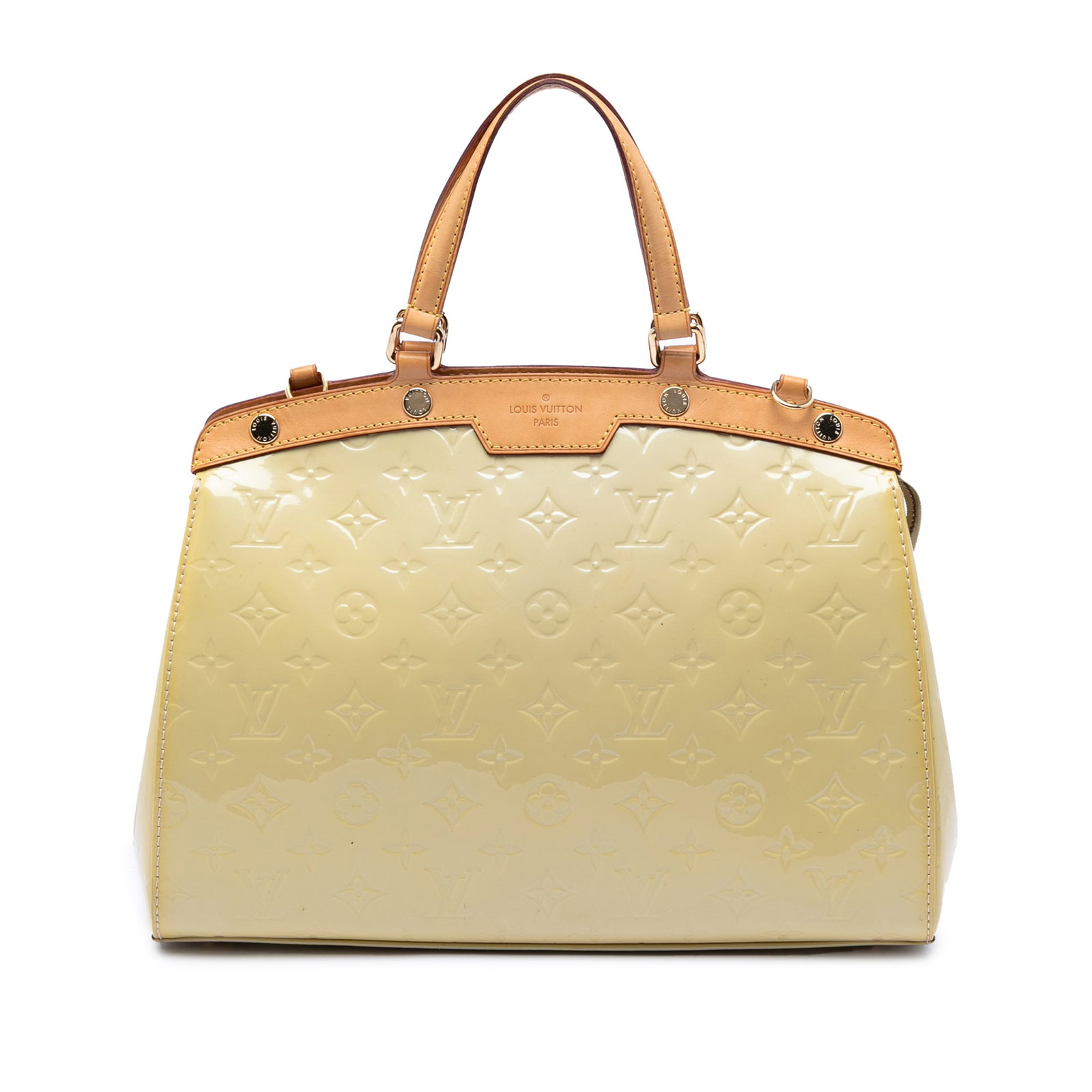 Louis Vuitton Brea MM Monogram Vernis Leather Handbag Yellow: Louis Vuitton Brea MM Monogram Vernis Leather Handbag Yellow Louis Vuitton Monogram Vernis Brea MM bag in yellow, featuring a monogram vernis leather body, flat vachetta leather handles, a top zip clo