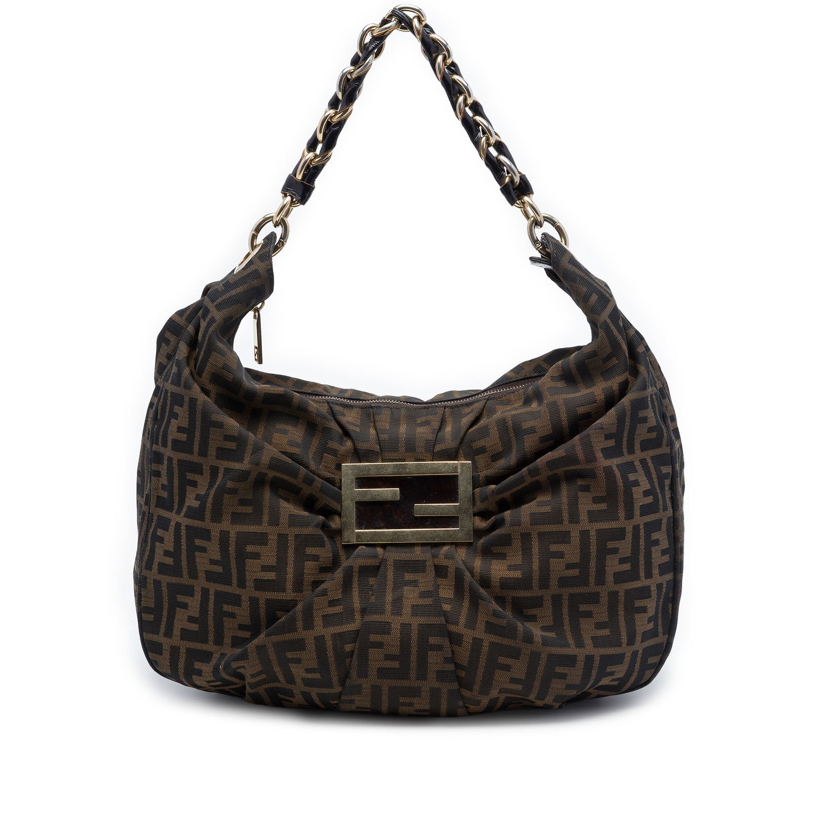 Fendi Mia Hobo Bag in Brown Zucca Canvas: Fendi Mia Hobo Bag in Brown Zucca Canvas Fendi Zucca Canvas Mia Hobo bag made in Italy. It features a canvas body, a leather woven chain link strap, a top zip closure, and an interior slip pocket. The