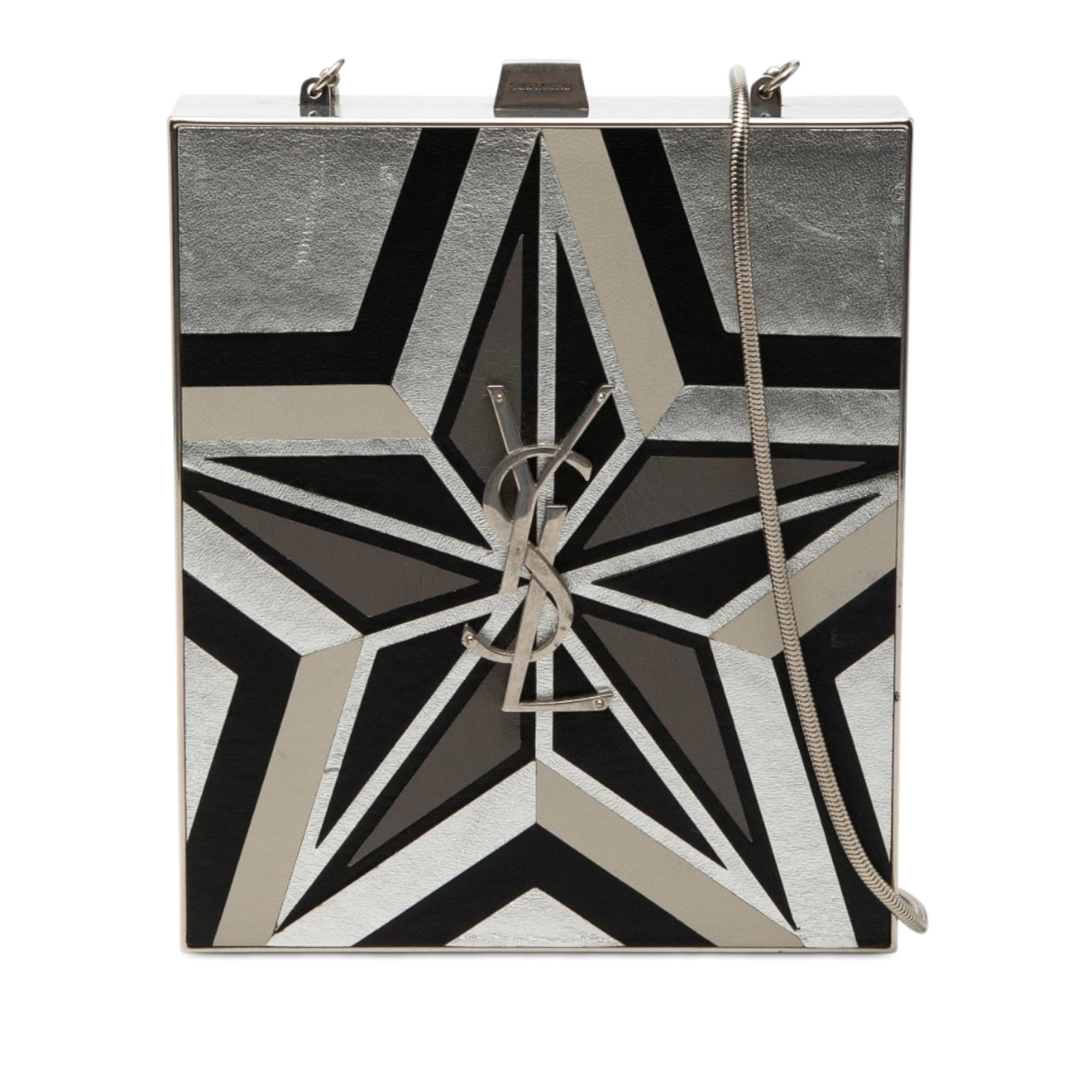 Saint Laurent silver metal Tuxedo box clutch chain strap: Saint Laurent silver metal Tuxedo box clutch chain strap This Saint Laurent Metal and Leather Tuxedo Box Star Clutch on Chain features a structured metal body with a sleek silver finish. The design in