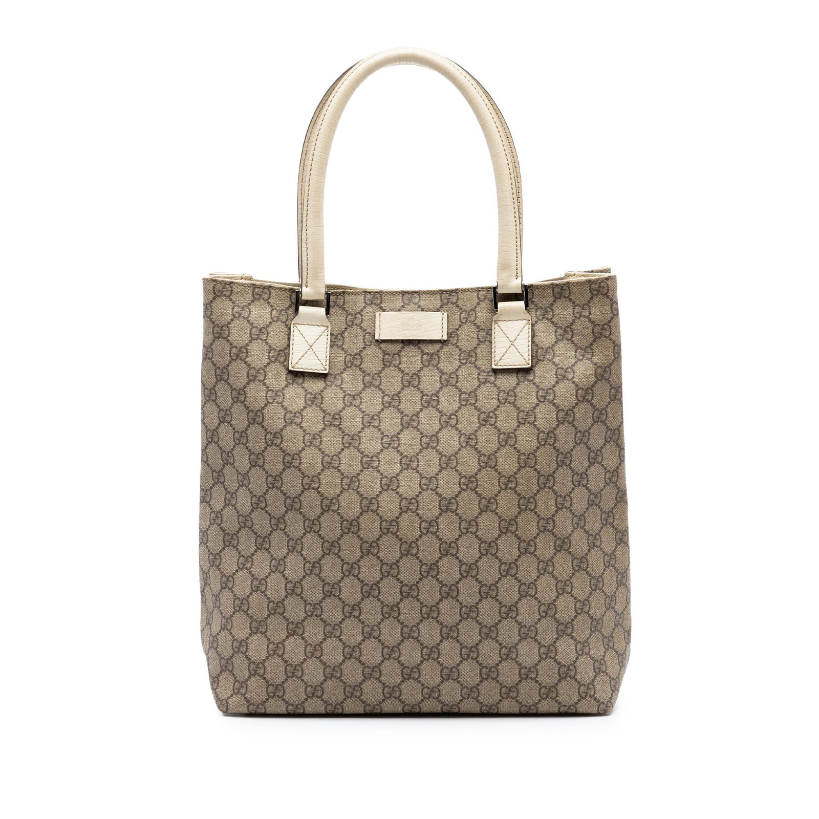 Gucci GG Supreme Coated Canvas Tote Bag Beige: Gucci GG Supreme Coated Canvas Tote Bag Beige Gucci GG Supreme Tote in beige with a coated canvas body and rolled leather handles. The bag features an open top with a magnetic snap closure, along with