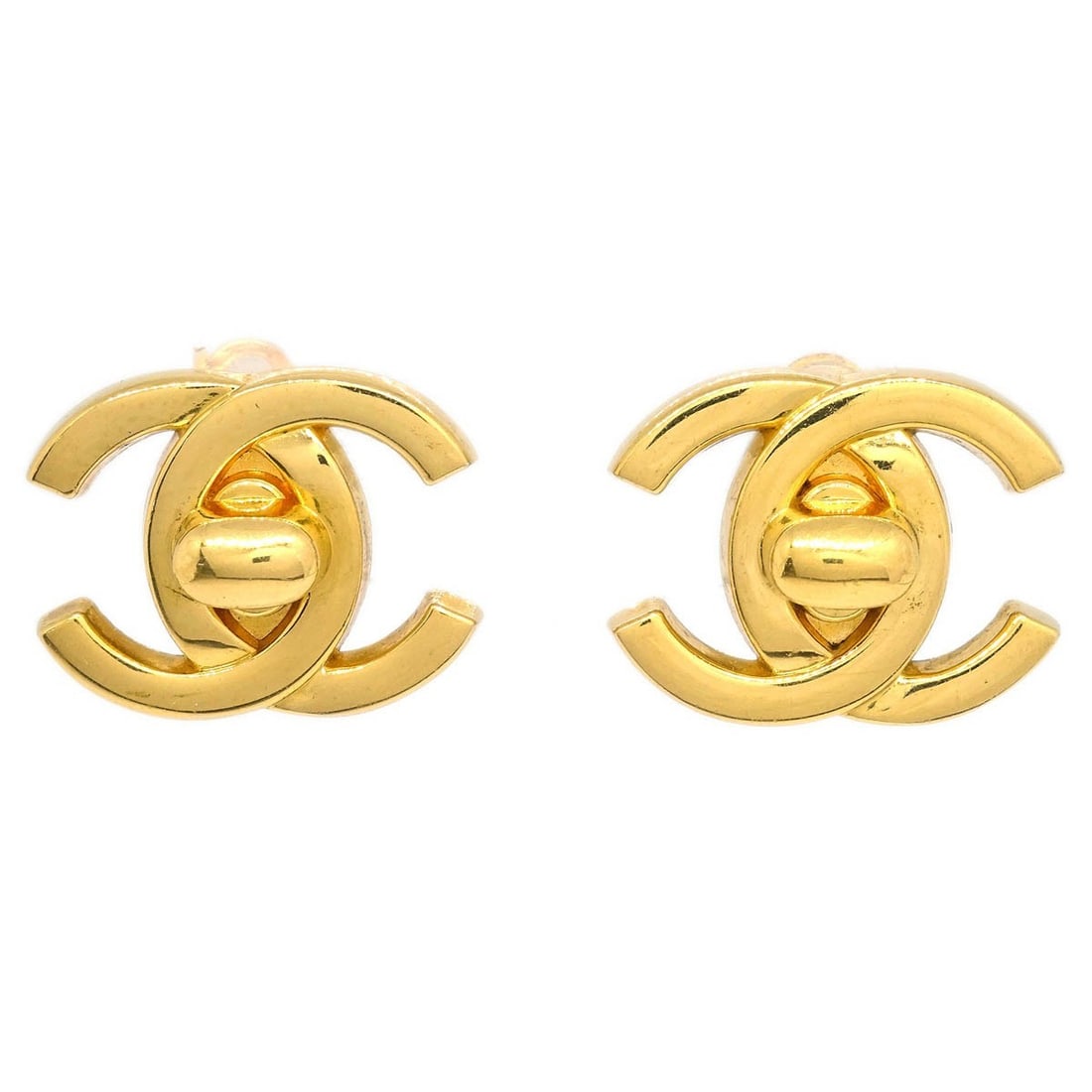 CHANEL 96P Gold Plated Clip On Turnlock CC Earrings: CHANEL 96P Gold Plated Clip On Turnlock CC Earrings Large Chanel CC turnlock clip-on earrings in gold-plated metal, made in France. This pair features the signature turnlock style and is marked 96P. C