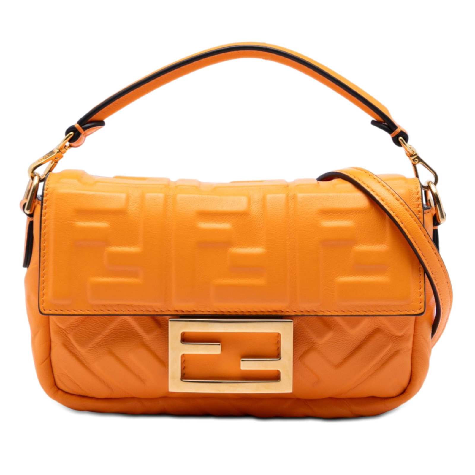 Fendi Mini Zucca Embossed Leather Shoulder Baguette: Fendi Mini Zucca Embossed Leather Shoulder Baguette This Fendi Mini Zucca Baguette Satchel features an embossed leather body in orange, complemented by a detachable flat leather handle and a detachabl