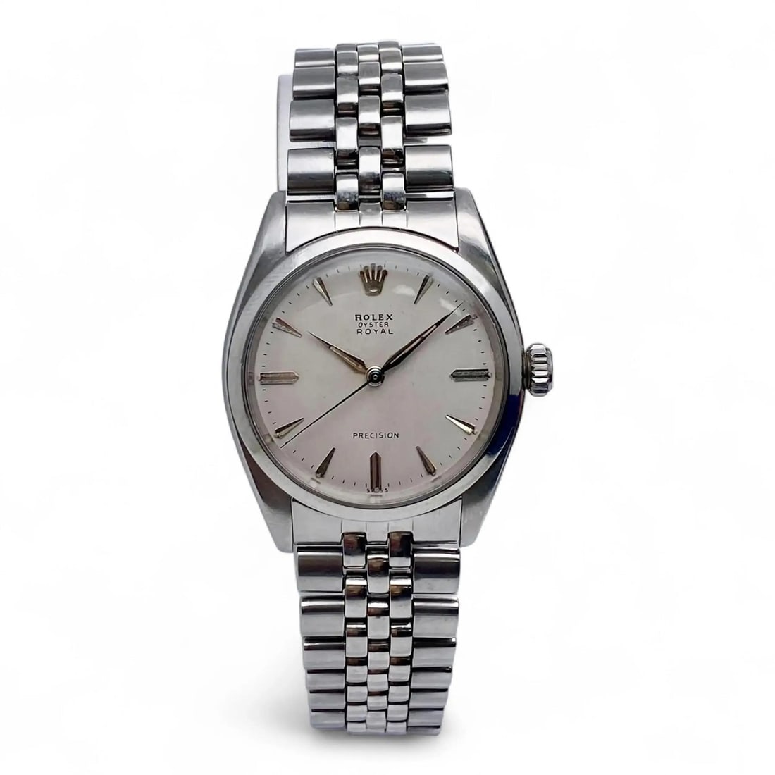 Rolex Oyster Precision 6422 Manual Steel Wristwatch With Silver Dial 34mm: Rolex Oyster Precision 6422 Manual Steel Wristwatch With Silver Dial 34mm This vintage Rolex Oyster Precision wristwatch features a 34mm polished stainless steel case with a silver dial and stick inde