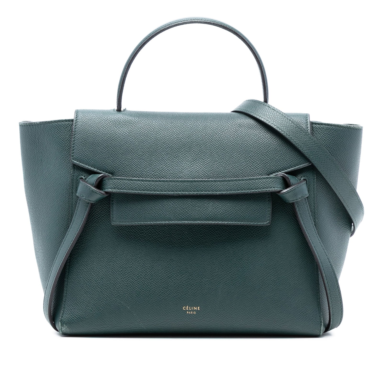 Celine Micro Belt Bag Green Grained Calfskin Leather with Detachable Strap: Celine Micro Belt Bag Green Grained Calfskin Leather with Detachable Strap This Celine Micro Grained Calfskin Belt Bag features a leather body in green, a flat leather handle, a detachable leather str