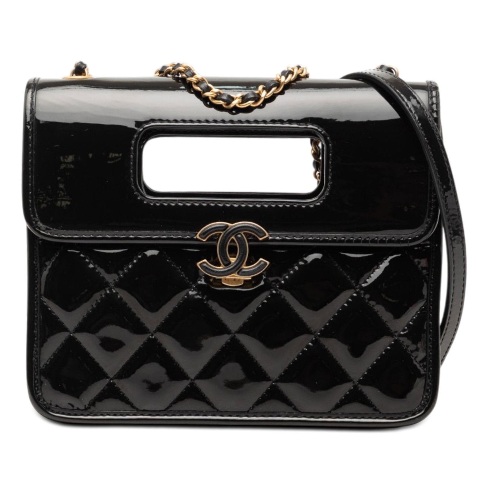 Chanel Graphic Catch Flap Mini Quilted Patent Crossbody Bag: Chanel Graphic Catch Flap Mini Quilted Patent Crossbody Bag This Chanel Mini Quilted Patent Graphic Catch Flap crossbody bag features a quilted patent leather body in black, complemented by a leather-