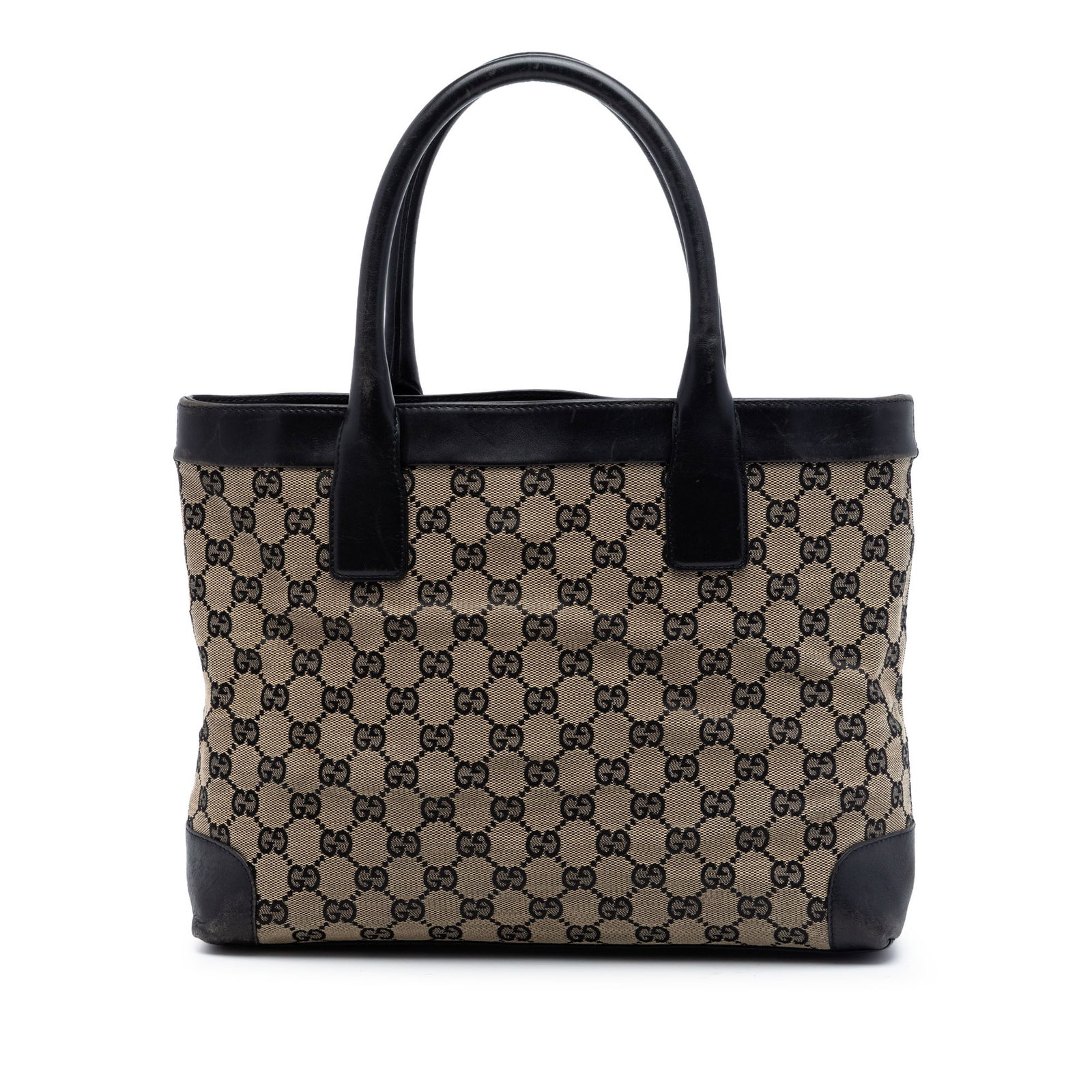 Gucci GG Canvas Beige Fabric Handbag with Leather Trim: Gucci GG Canvas Beige Fabric Handbag with Leather Trim Gucci GG canvas handbag with leather trim and rolled handles. This handbag features a top zip closure and an interior zip pocket. Condition B+ wi